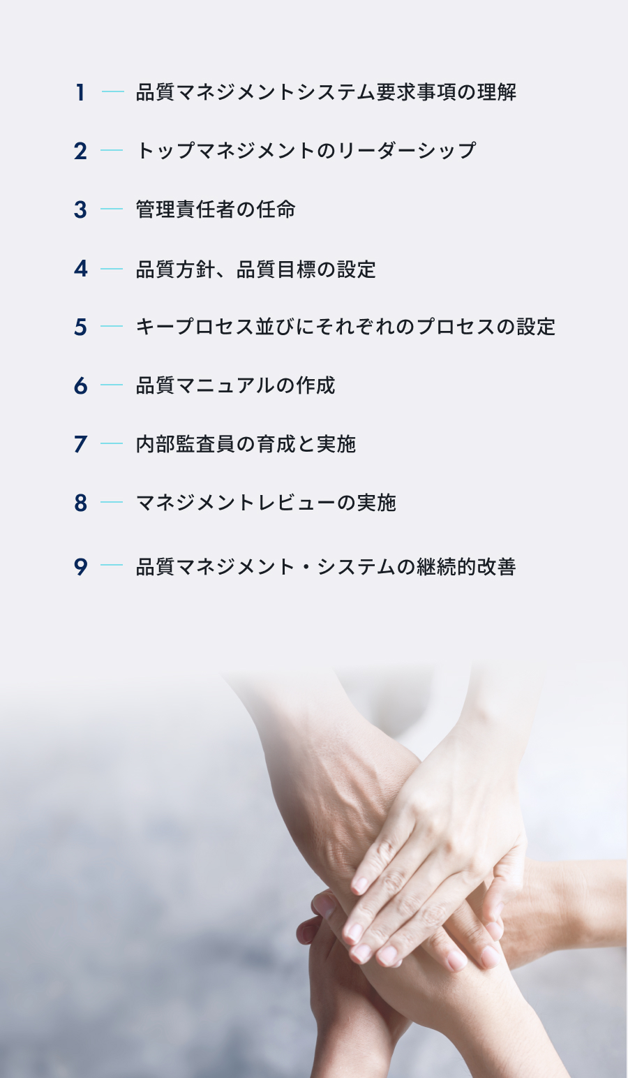 1.品質マネジメントシステム要求事項の理解2.トップマネジメントのリーダーシップ3.管理責任者の任命4.品質方針、品質目標の設定5.キープロセス並びにそれぞれのプロセスの設定6.品質マニュアルの作成7.内部監査員の育成と実施8.マネジメントレビューの実施9.品質マネジメント・システムの継続的改善